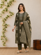 Olive Green Floral Leap flower Printed Straight Kurta Set