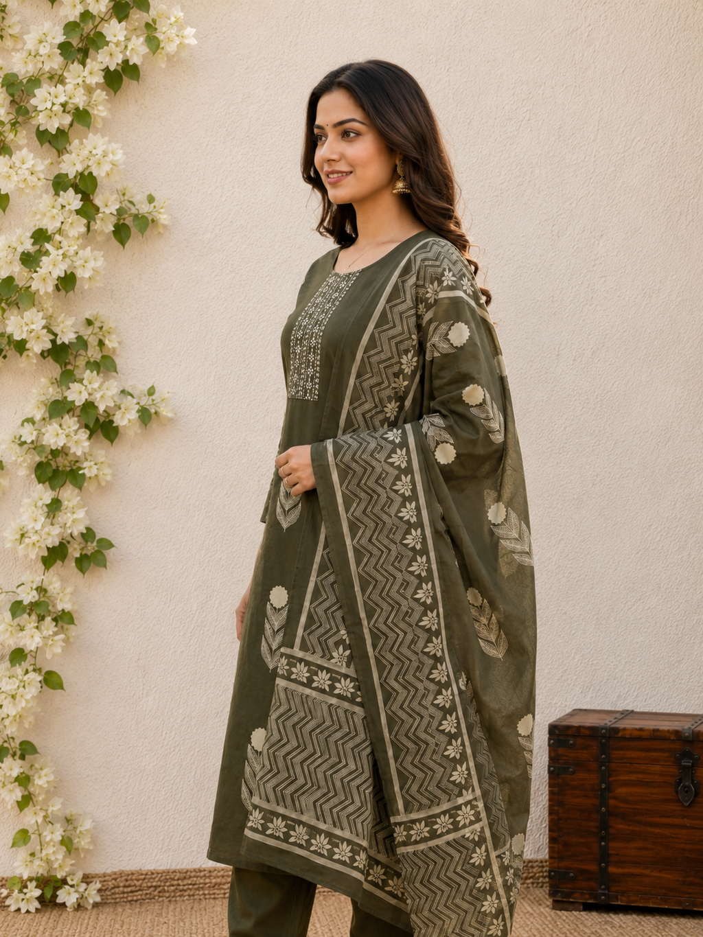 Olive Green Floral Leap flower Printed Straight Kurta Set