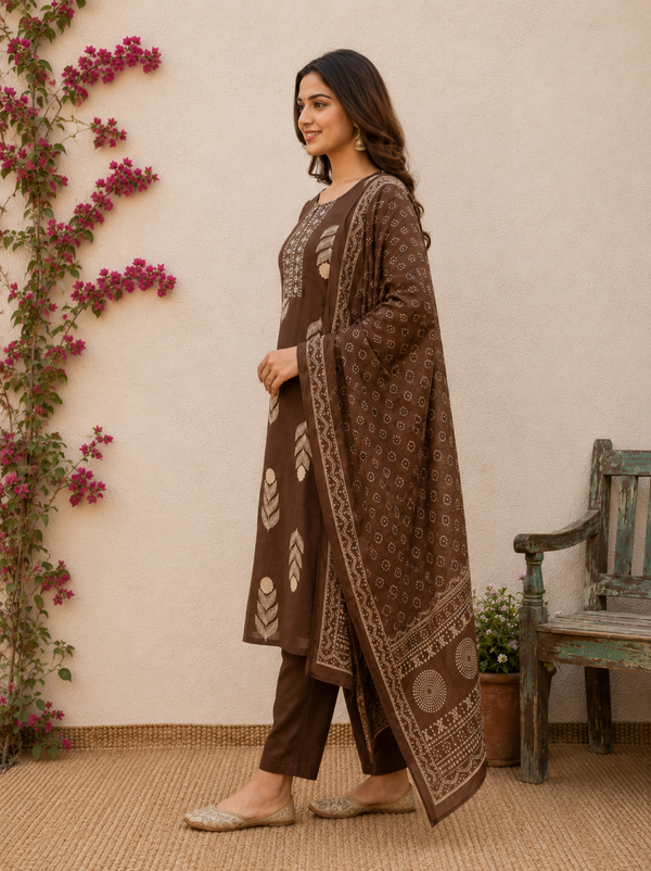 Chocolate Brown Printed Cotton Kurta Set