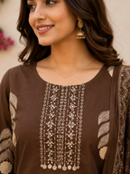 Chocolate Brown Printed Cotton Kurta Set
