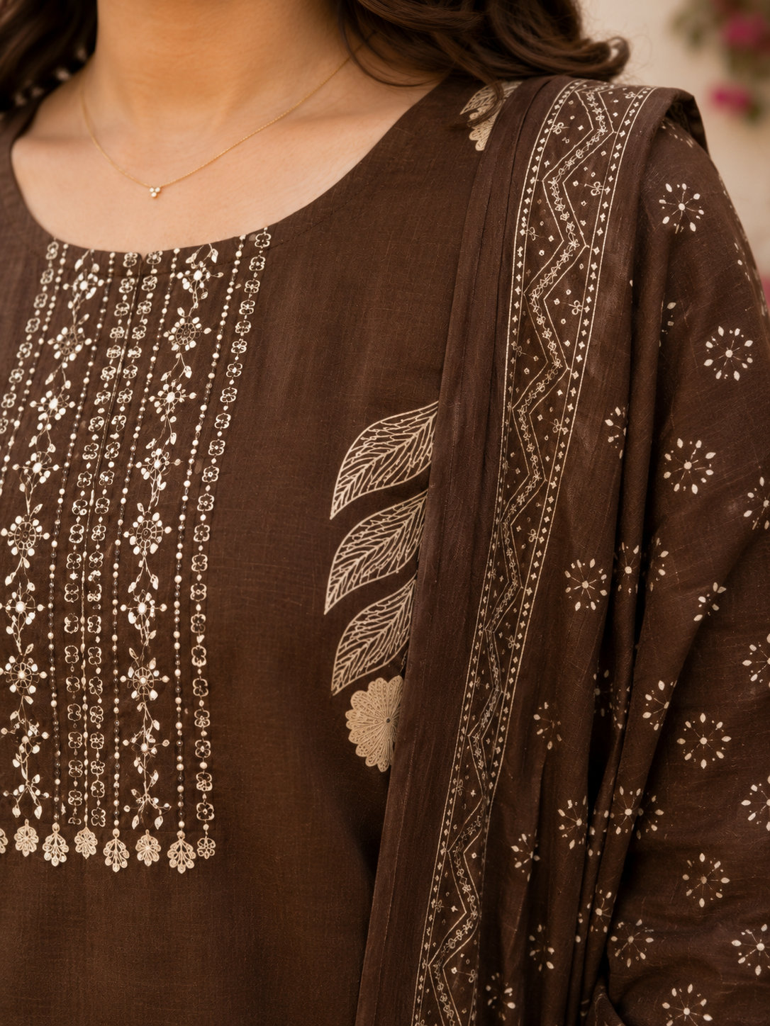 Chocolate Brown Printed Cotton Kurta Set