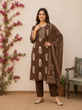 Chocolate Brown Printed Cotton Kurta Set