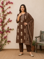 Chocolate Brown Printed Cotton Kurta Set