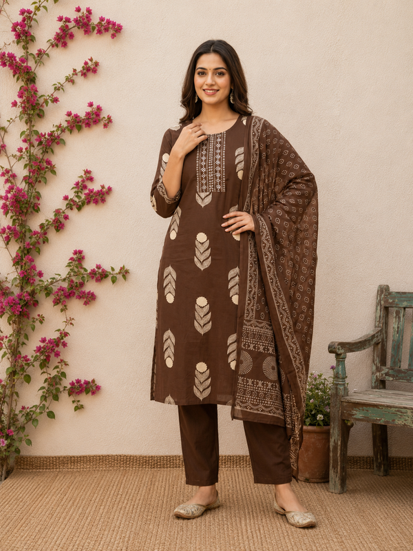 Chocolate Brown Printed Cotton Kurta Set
