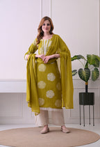 Olive Green kurti with off white pant Lacework