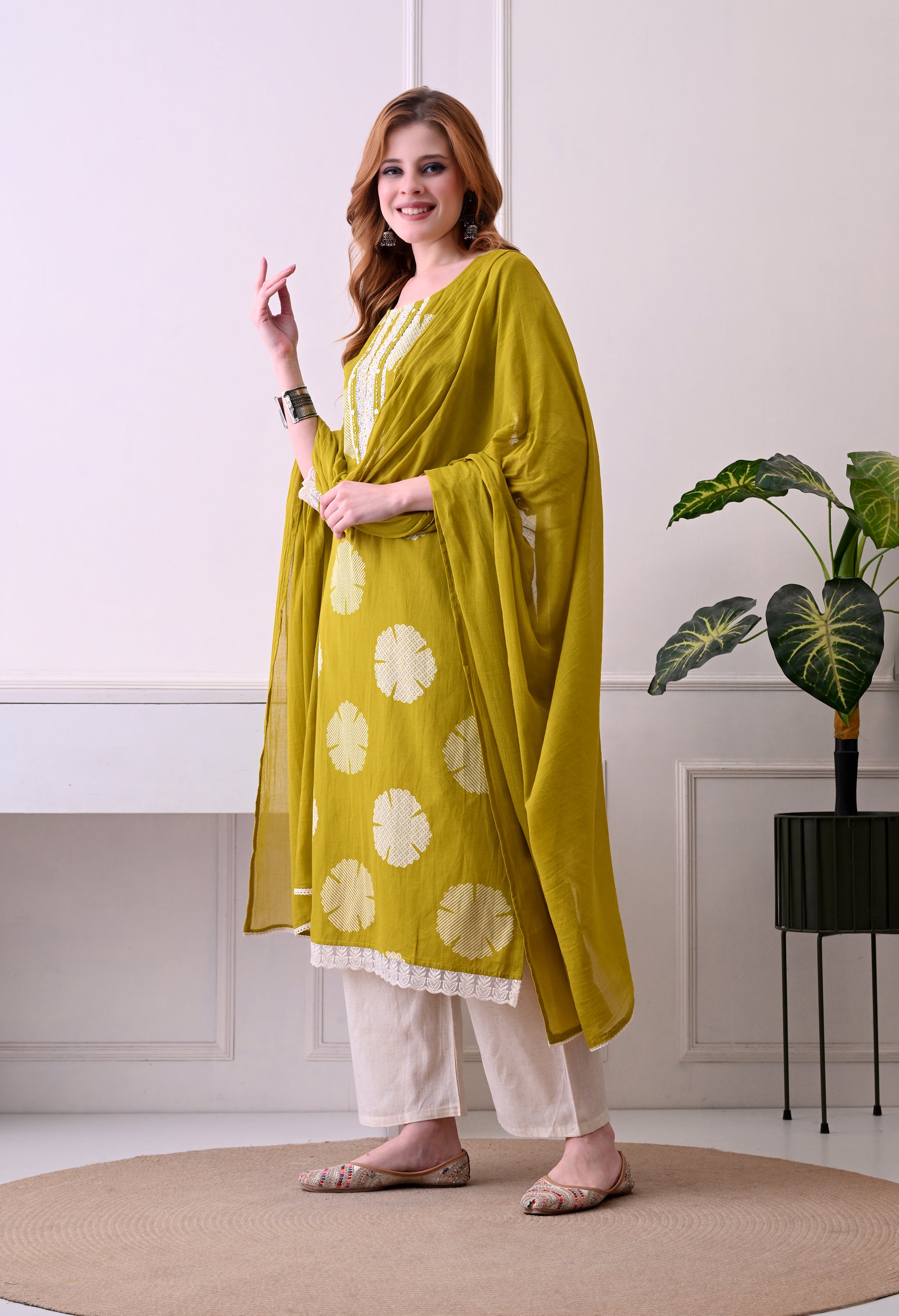 Olive Green kurti with off white pant Lacework