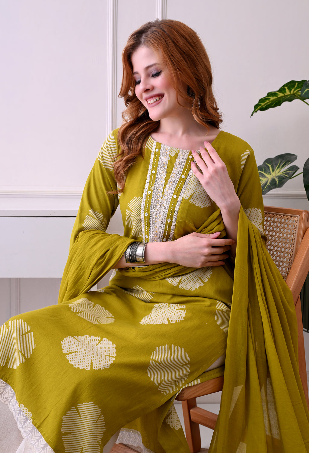 Olive Green kurti with off white pant Lacework