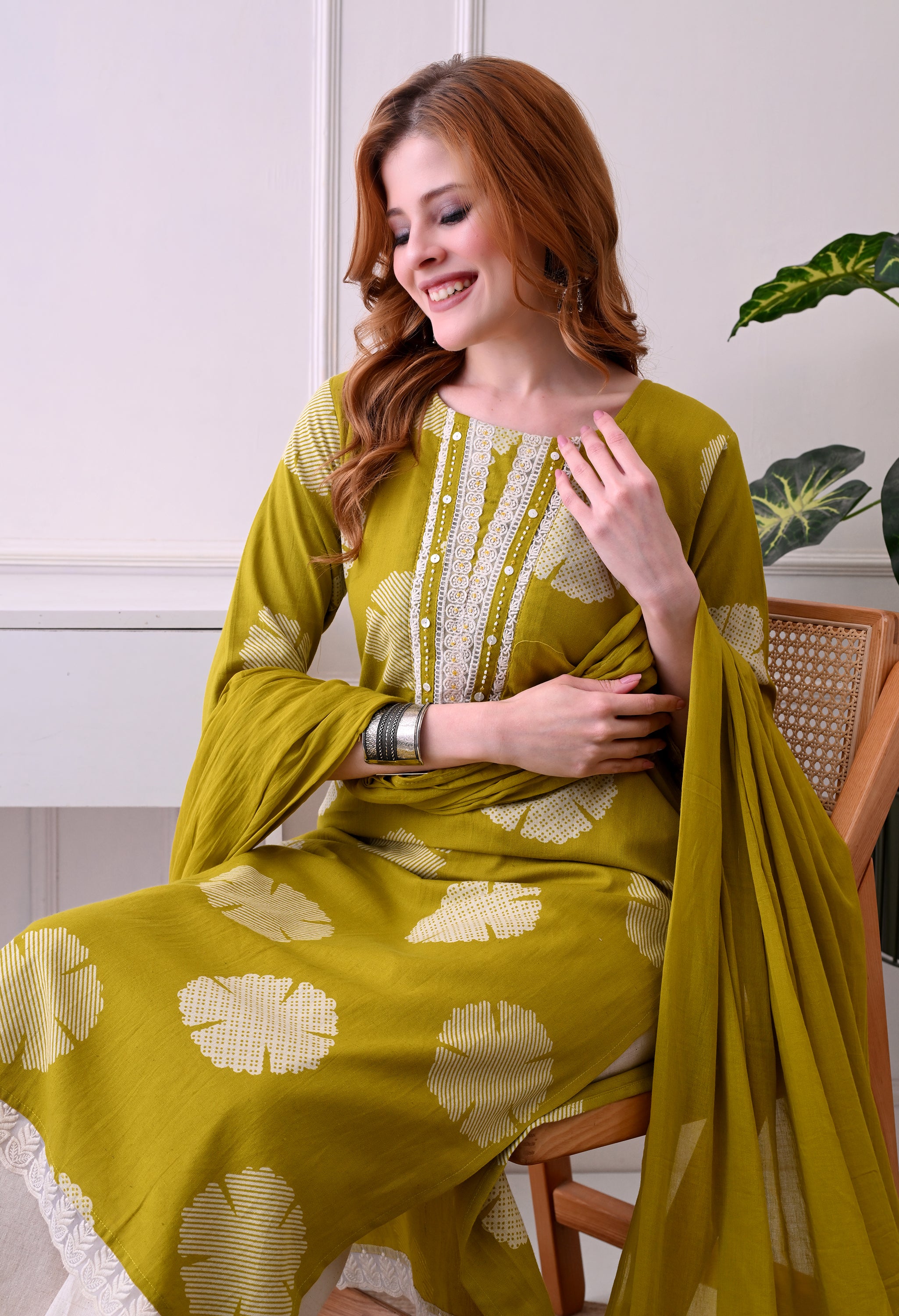 Olive Green kurti with off white pant Lacework