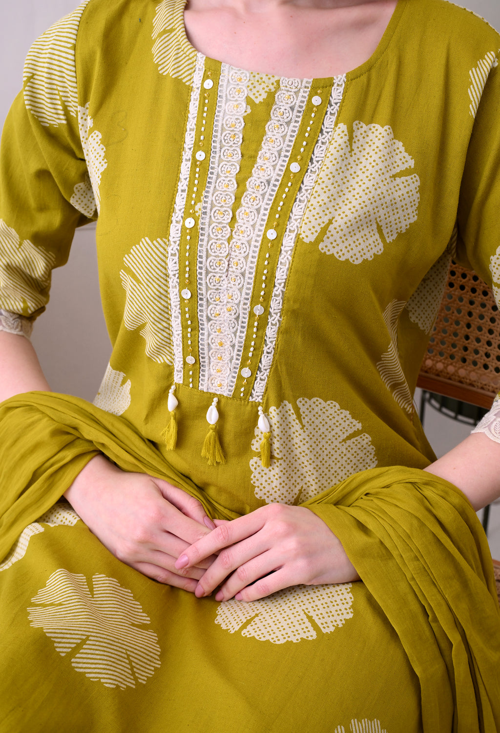 Olive Green kurti with off white pant Lacework