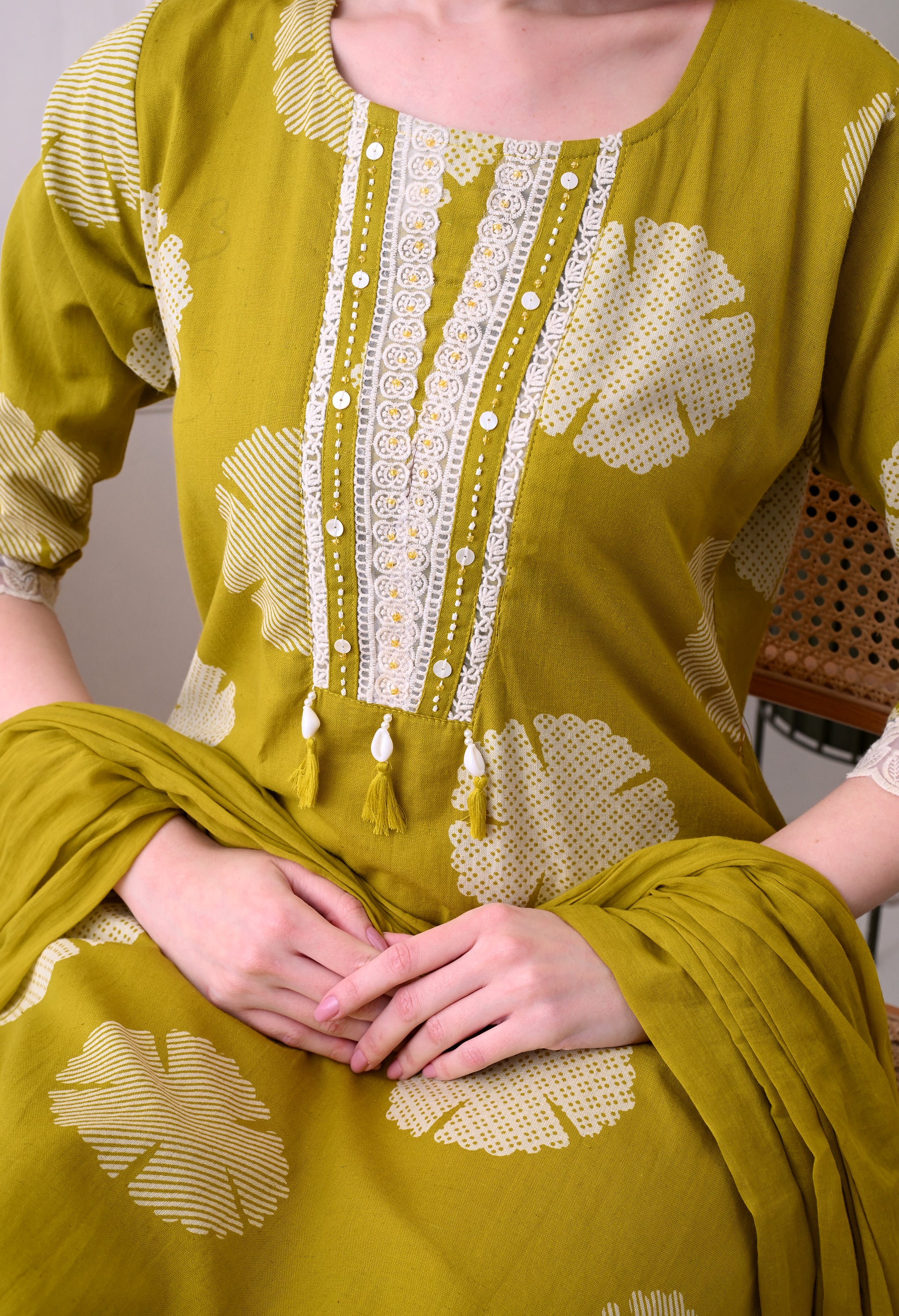 Olive Green kurti with off white pant Lacework