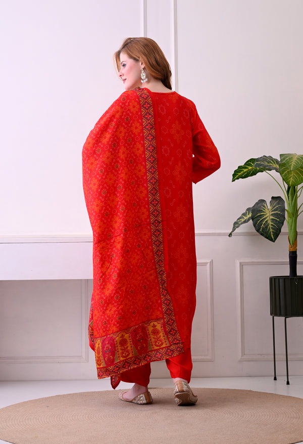 Red & Mustard Bandhani Print Kurta Set with Dupatta