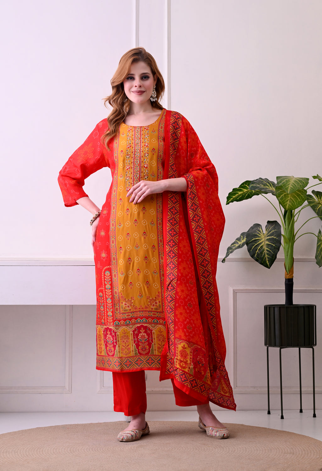 Red & Mustard Bandhani Print Kurta Set with Dupatta