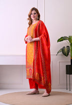 Red & Mustard Bandhani Print Kurta Set with Dupatta