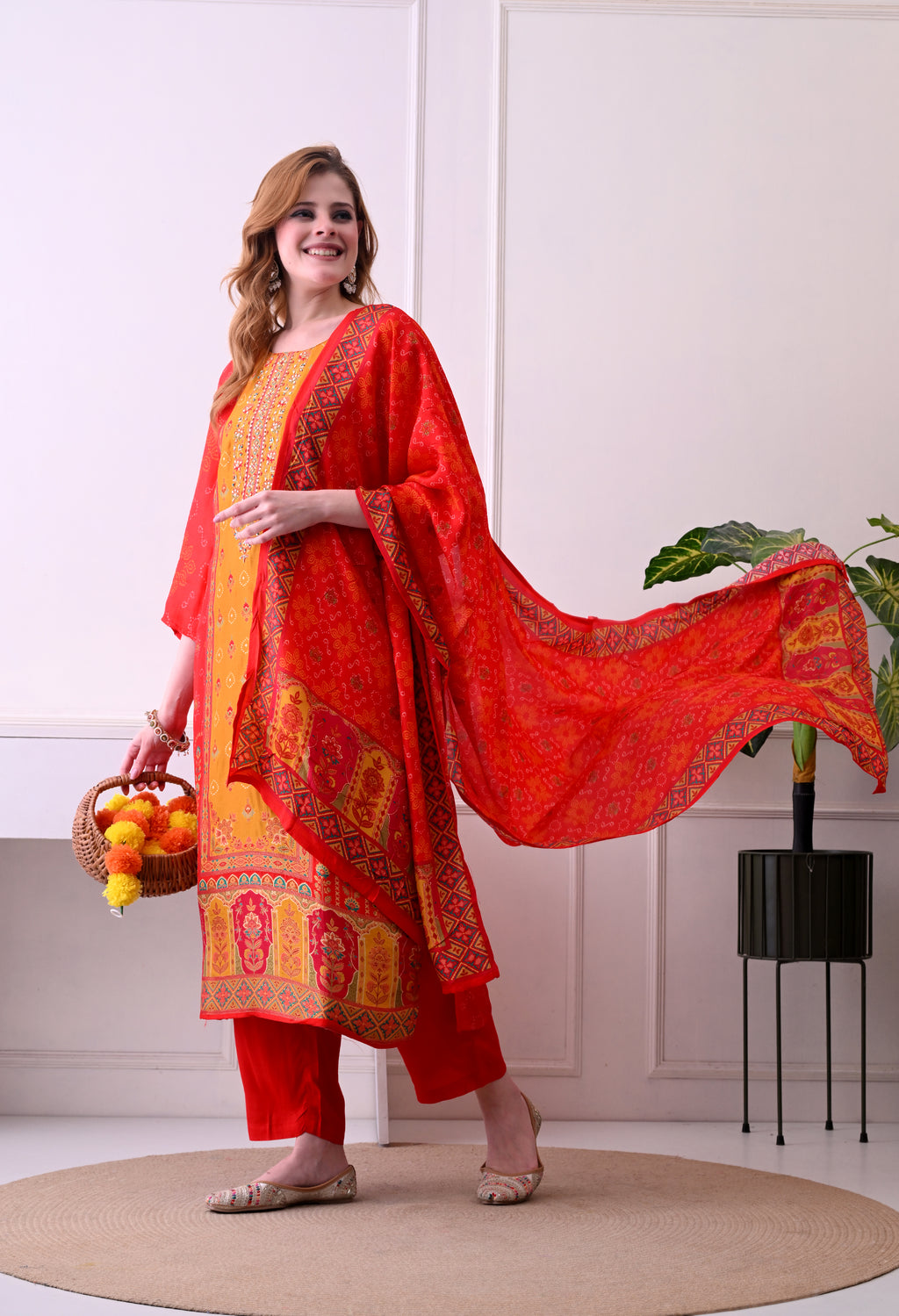 Red & Mustard Bandhani Print Kurta Set with Dupatta