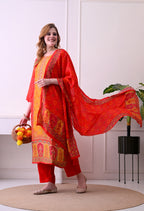 Red & Mustard Bandhani Print Kurta Set with Dupatta