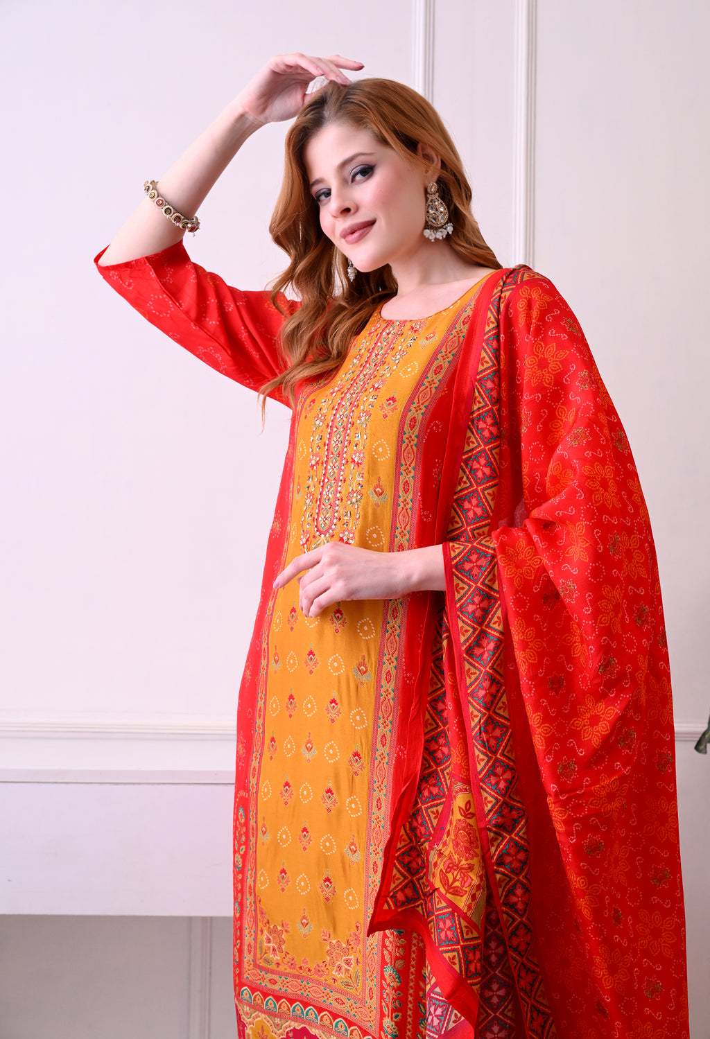 Red & Mustard Bandhani Print Kurta Set with Dupatta