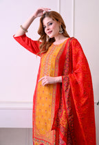 Red & Mustard Bandhani Print Kurta Set with Dupatta