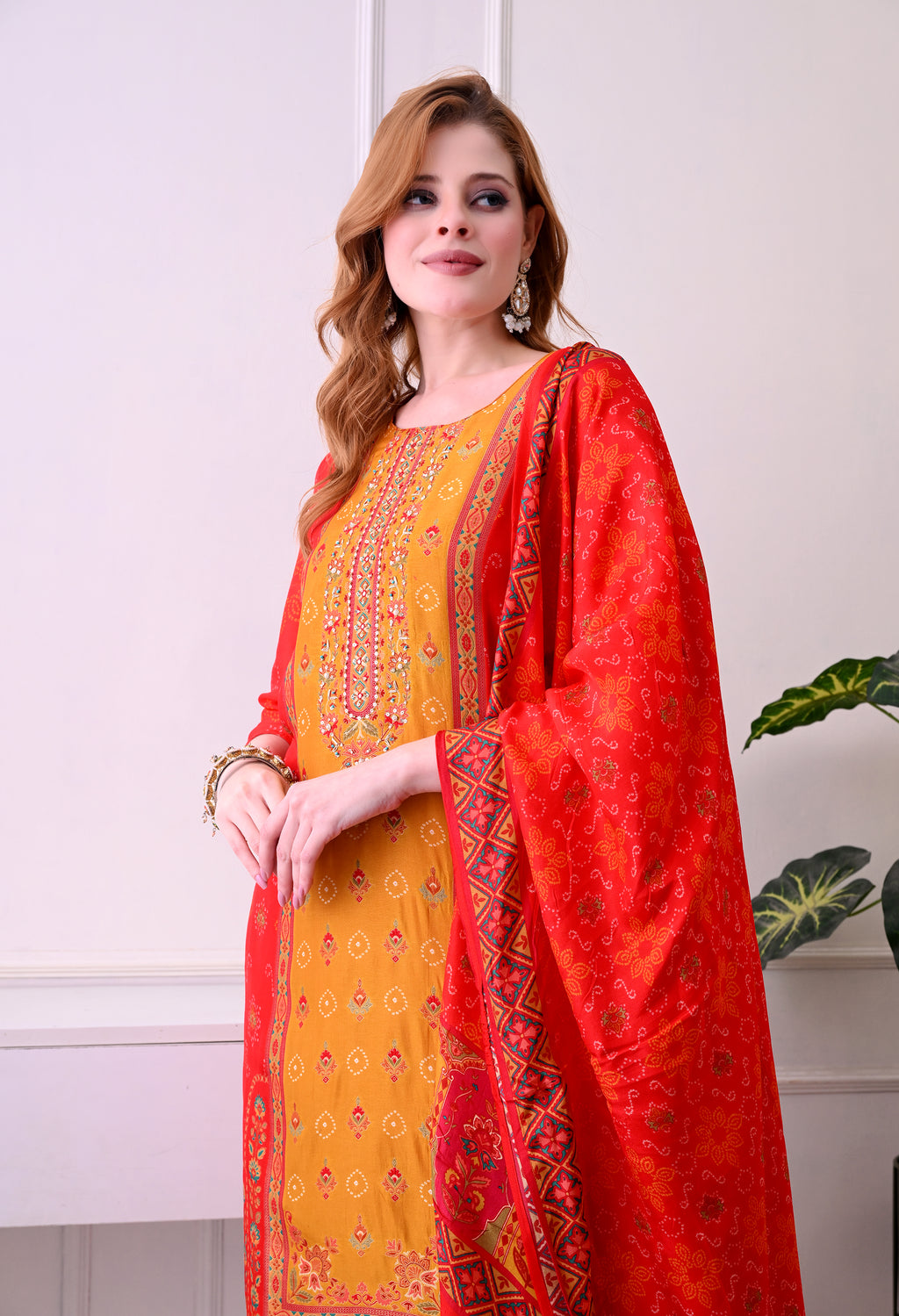 Red & Mustard Bandhani Print Kurta Set with Dupatta