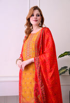 Red & Mustard Bandhani Print Kurta Set with Dupatta