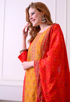 Red & Mustard Bandhani Print Kurta Set with Dupatta