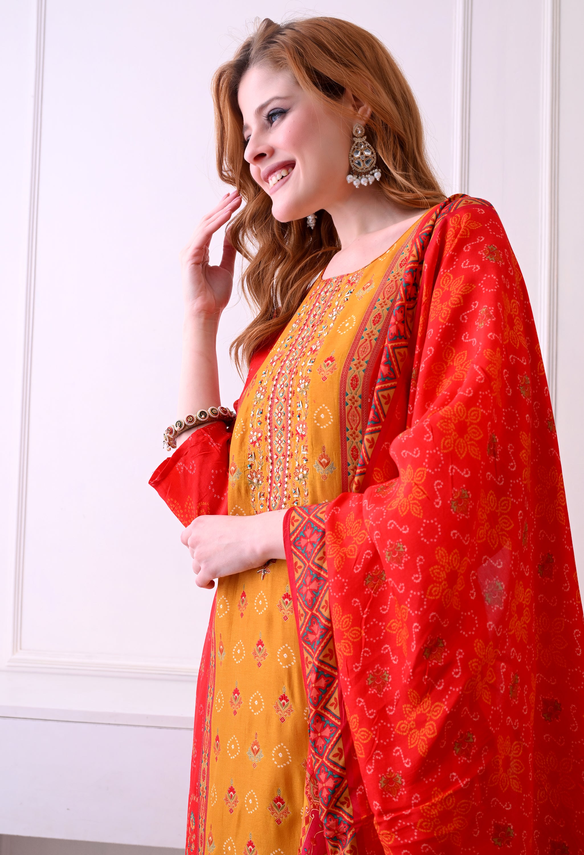 Red & Mustard Bandhani Print Kurta Set with Dupatta