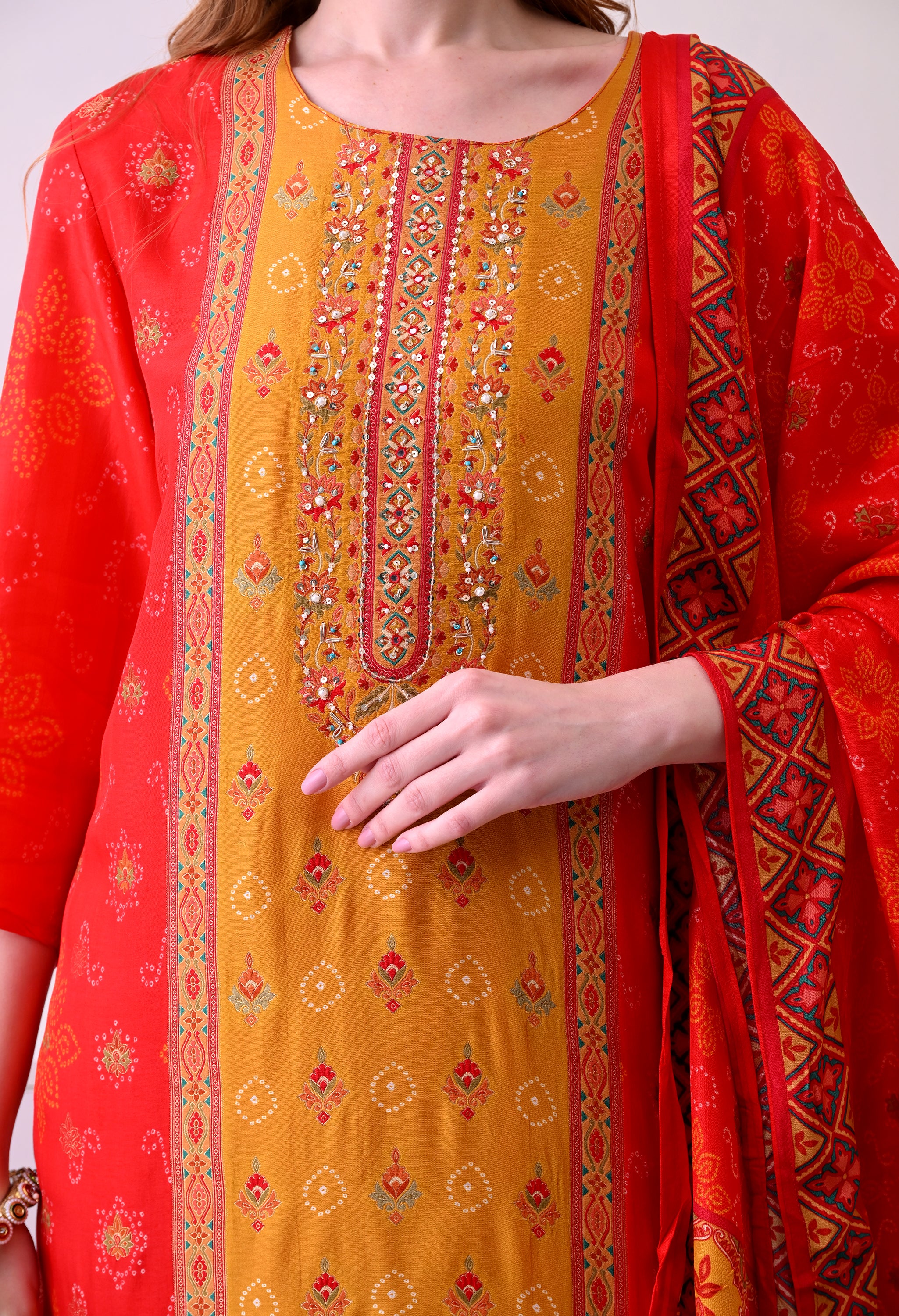 Red & Mustard Bandhani Print Kurta Set with Dupatta