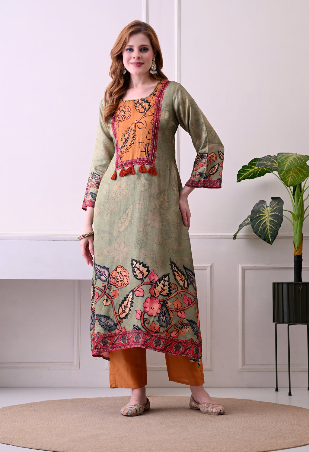 Sage Green & Mustard Floral Kurta Set