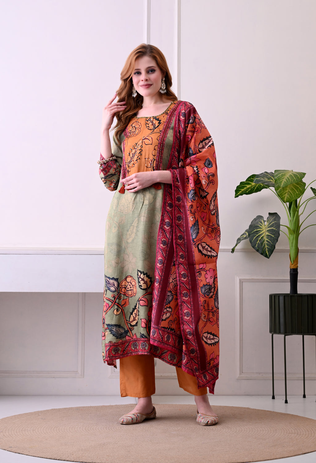 Sage Green & Mustard Floral Kurta Set