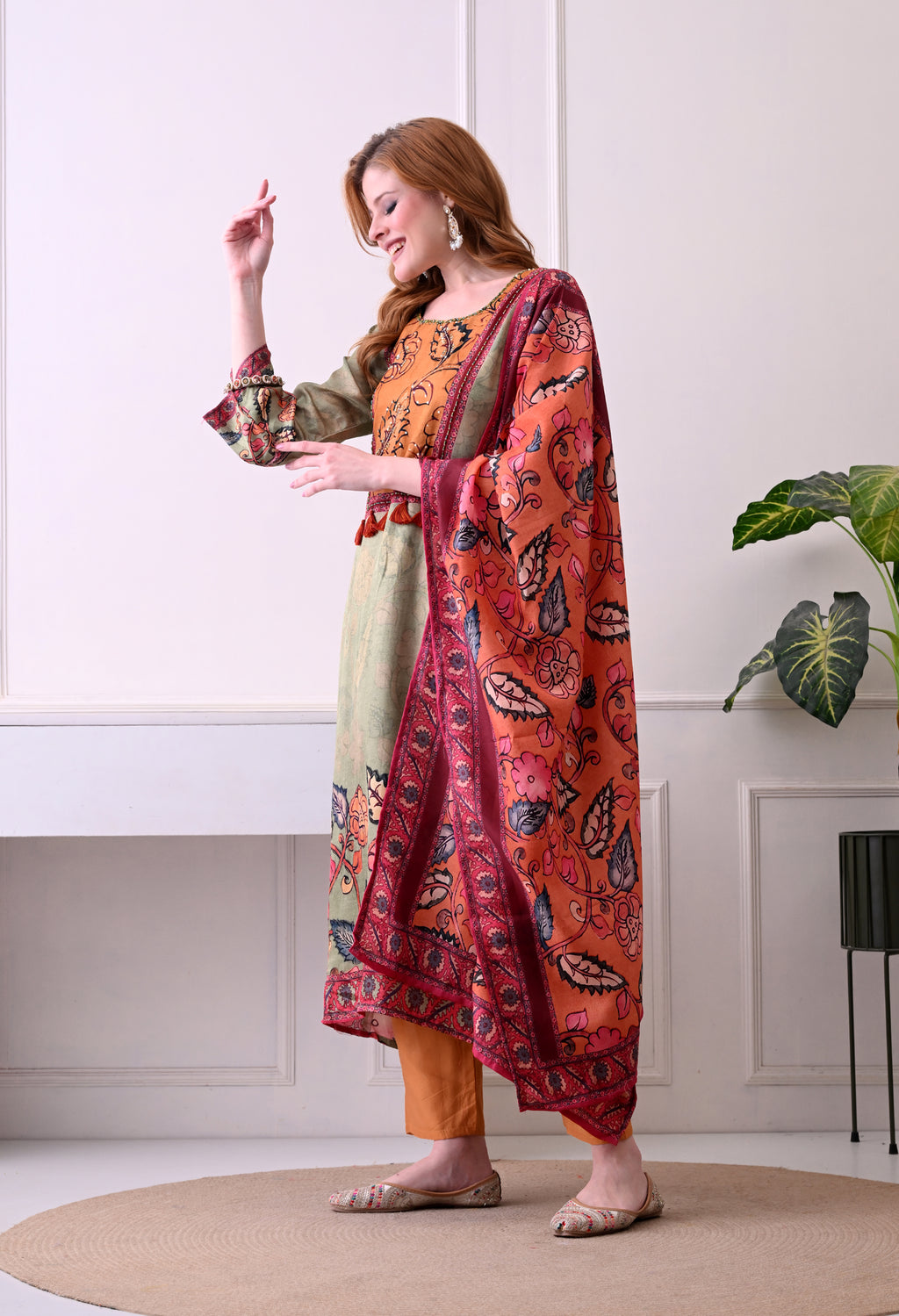 Sage Green & Mustard Floral Kurta Set