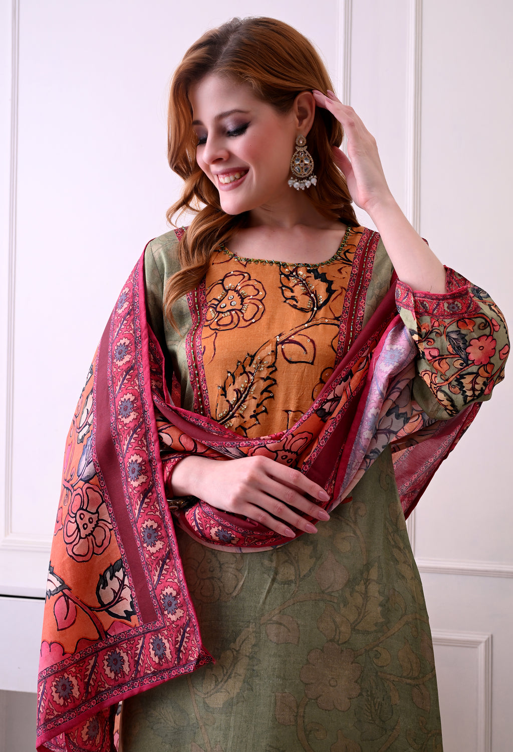 Sage Green & Mustard Floral Kurta Set