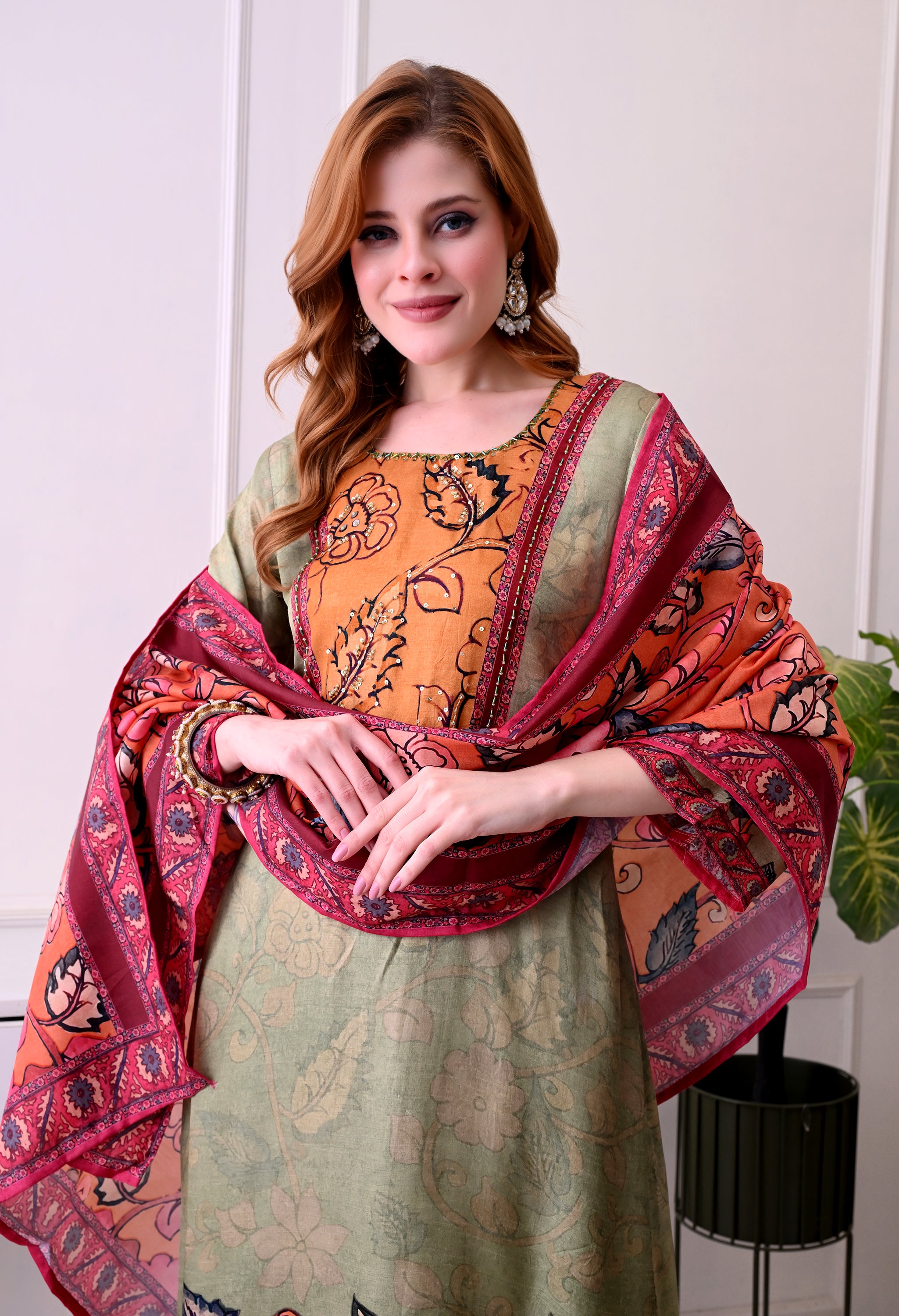 Sage Green & Mustard Floral Kurta Set
