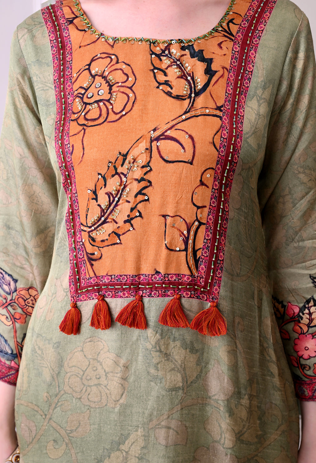 Sage Green & Mustard Floral Kurta Set