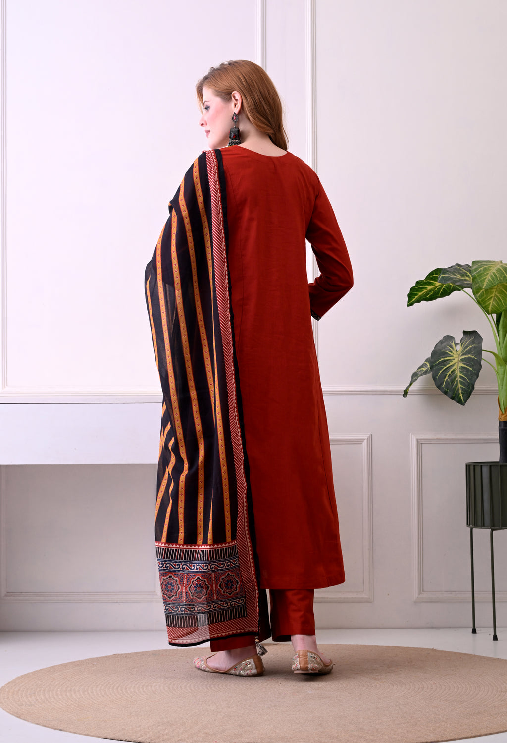 Rust Red Mirror-Work Kurta Set with Striped Dupatta