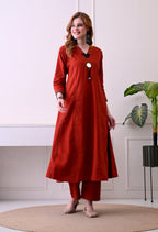 Rust Red Mirror-Work Kurta Set with Striped Dupatta