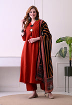 Rust Red Mirror-Work Kurta Set with Striped Dupatta