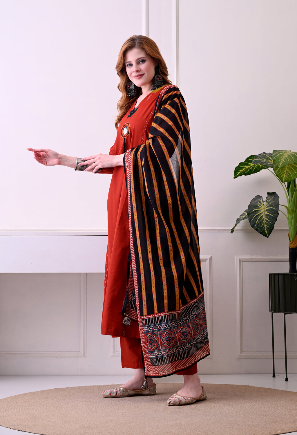 Rust Red Mirror-Work Kurta Set with Striped Dupatta