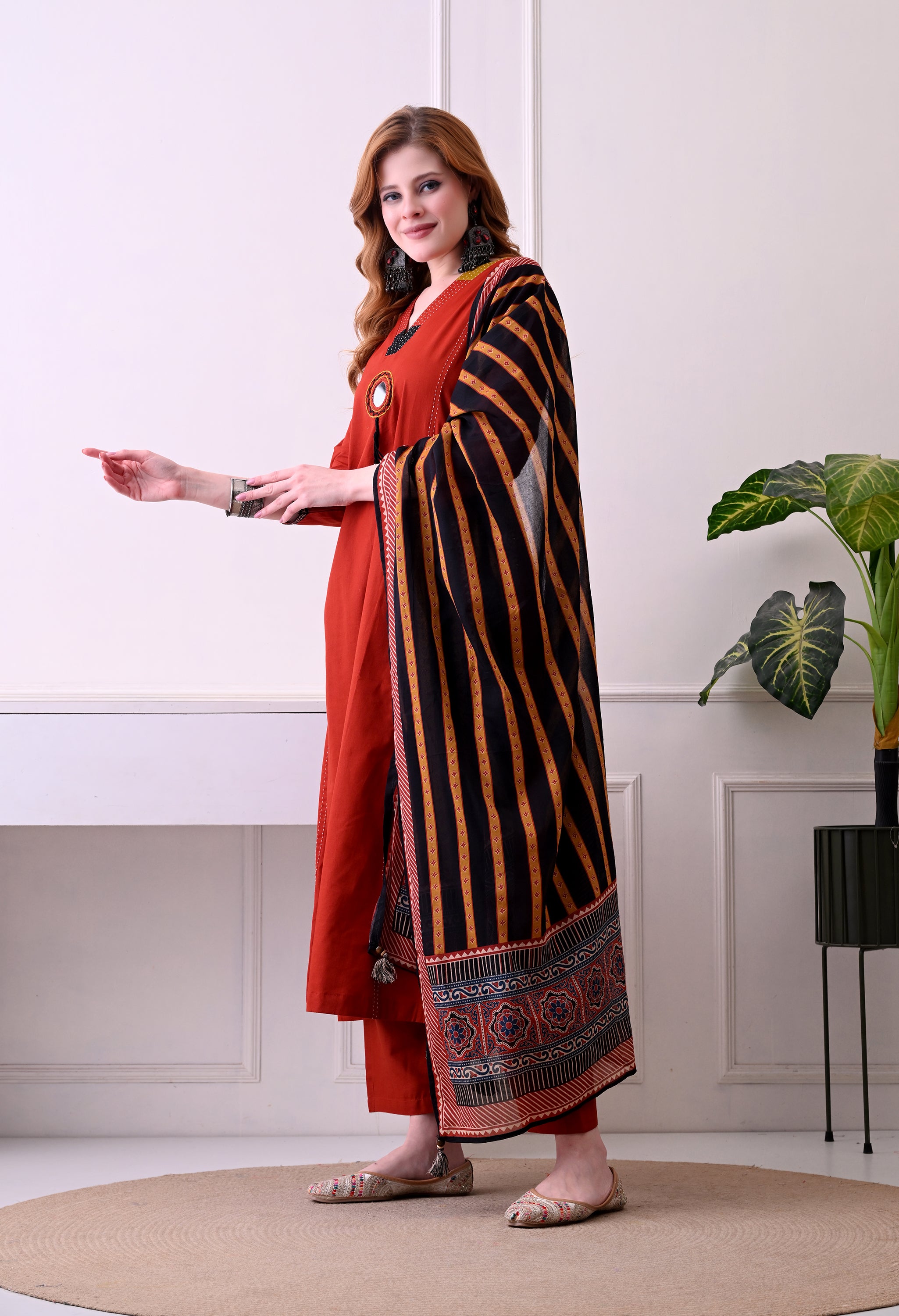 Rust Red Mirror-Work Kurta Set with Striped Dupatta