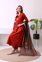 Rust Red Mirror-Work Kurta Set with Striped Dupatta