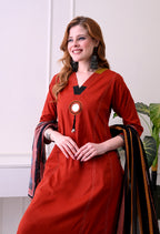 Rust Red Mirror-Work Kurta Set with Striped Dupatta