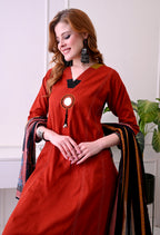 Rust Red Mirror-Work Kurta Set with Striped Dupatta