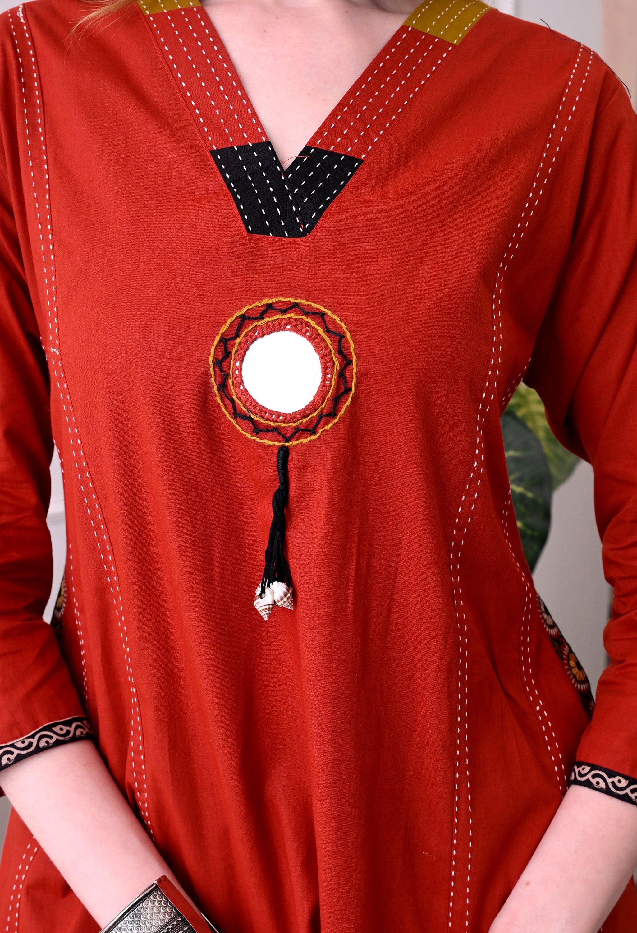 Rust Red Mirror-Work Kurta Set with Striped Dupatta