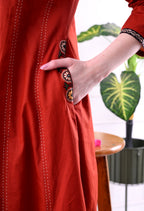 Rust Red Mirror-Work Kurta Set with Striped Dupatta