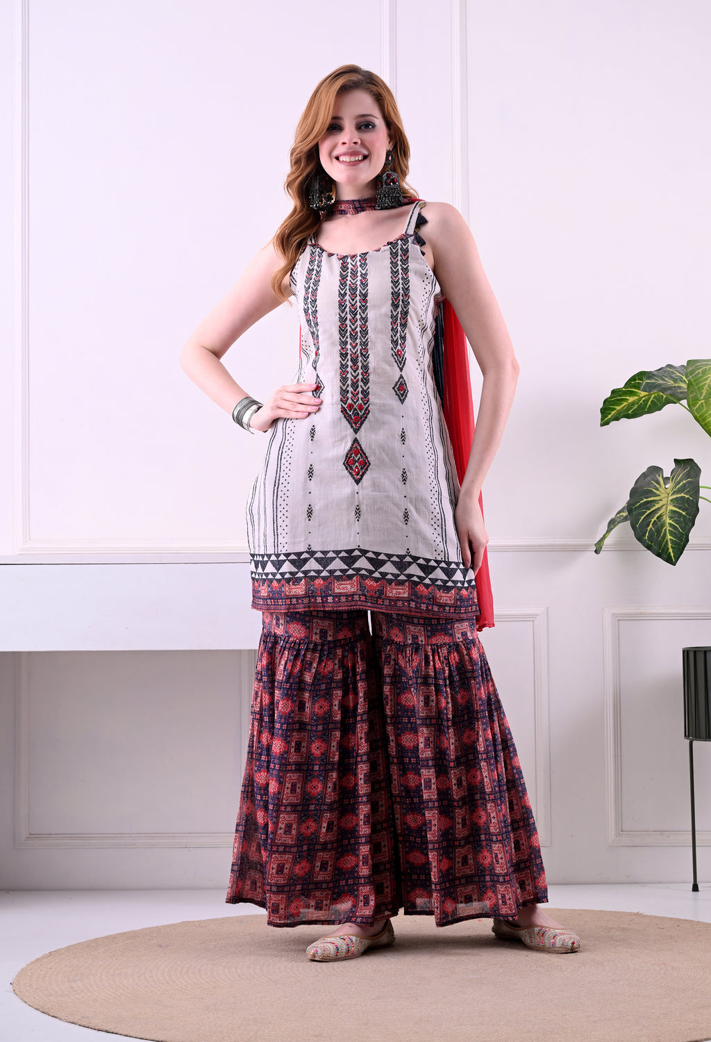 Off-White & Red Sleeveless Cotton Sharara Set