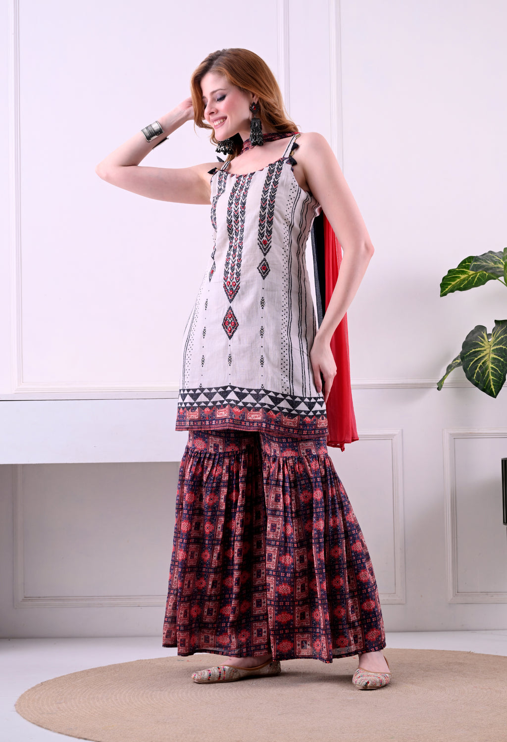 Off-White & Red Sleeveless Cotton Sharara Set