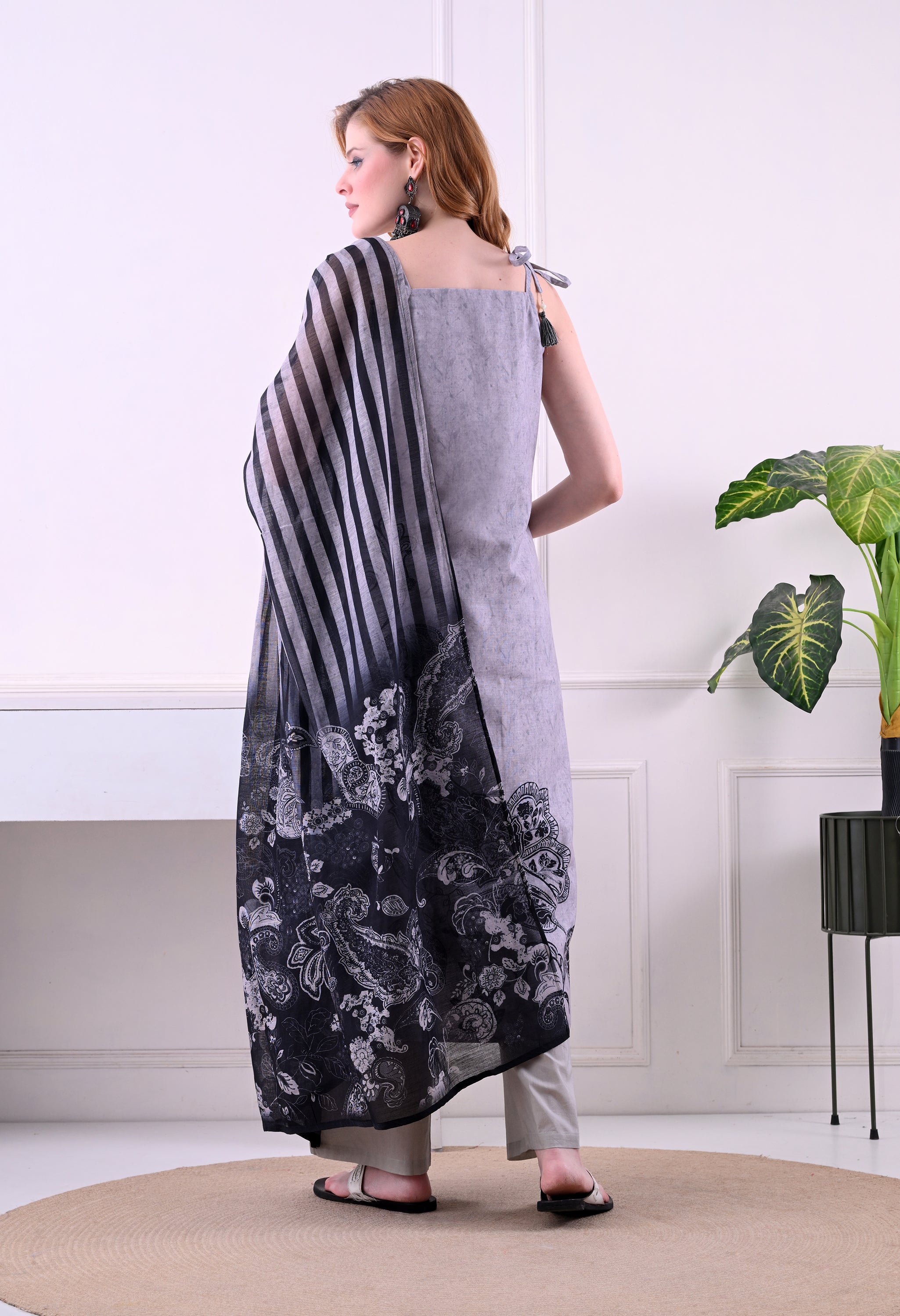 Ash Grey & Black Paisley Print Kurta Set with Striped Dupatta