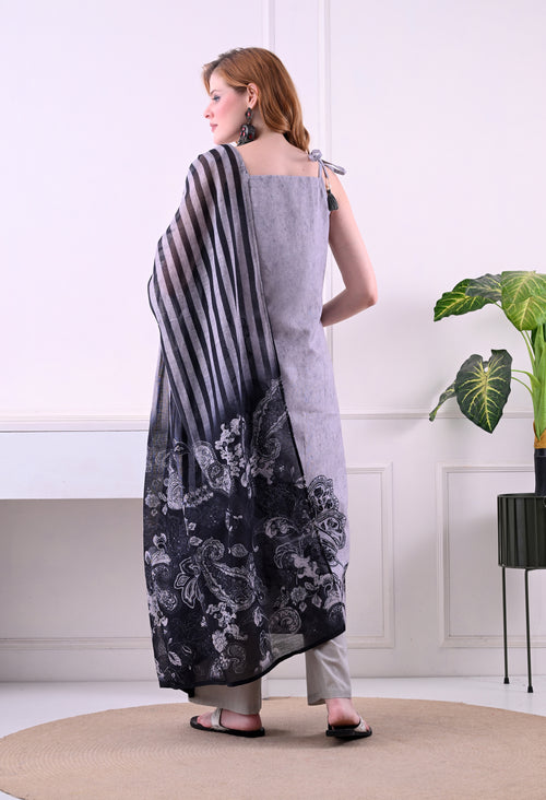 Ash Grey & Black Paisley Print Kurta Set with Striped Dupatta