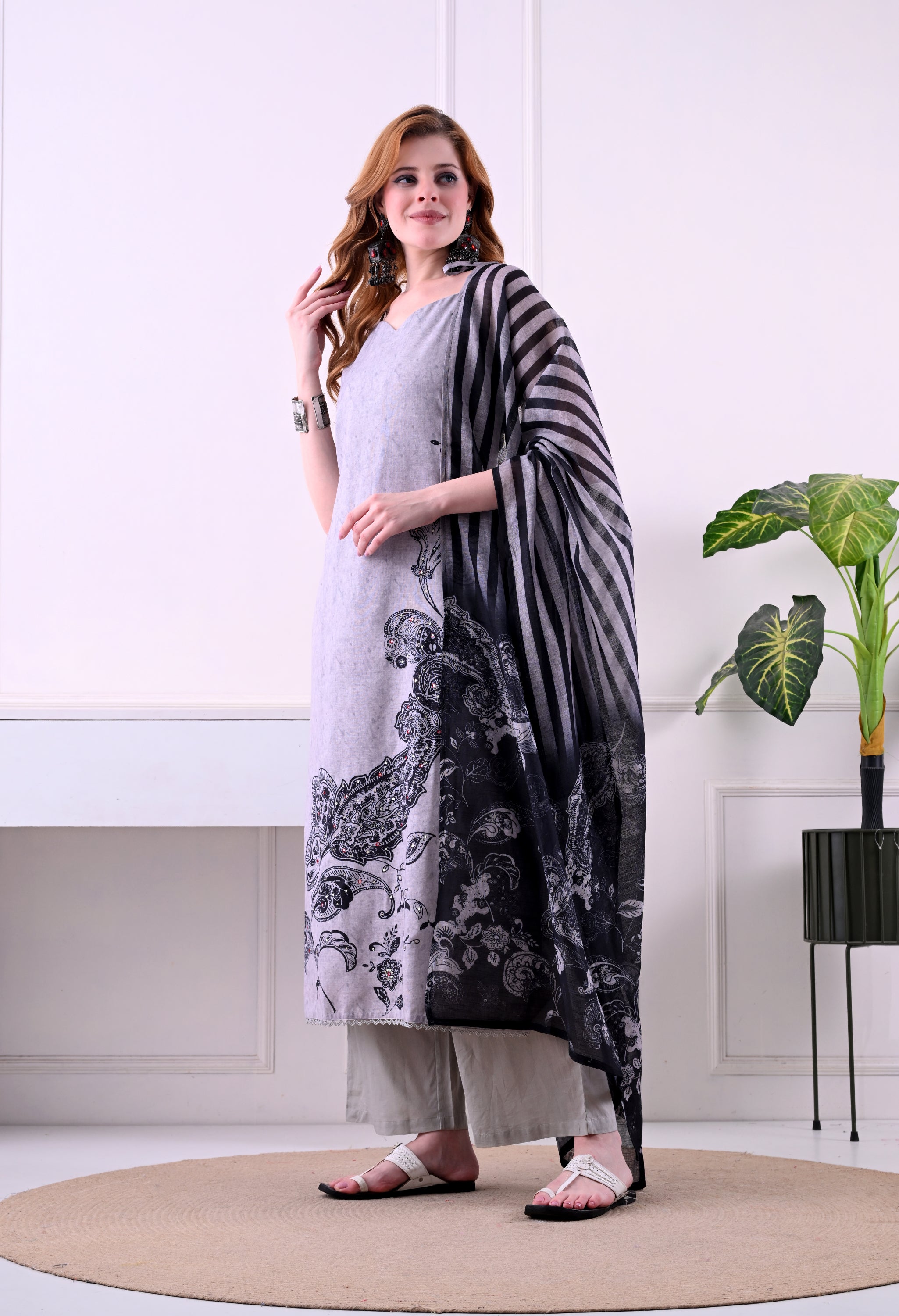 Ash Grey & Black Paisley Print Kurta Set with Striped Dupatta