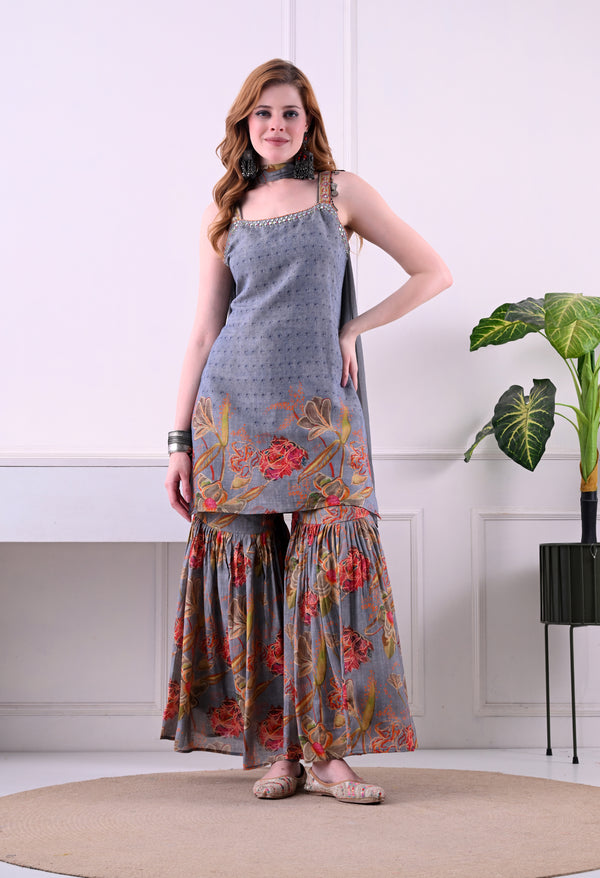 Sarara suit florel print with merer work