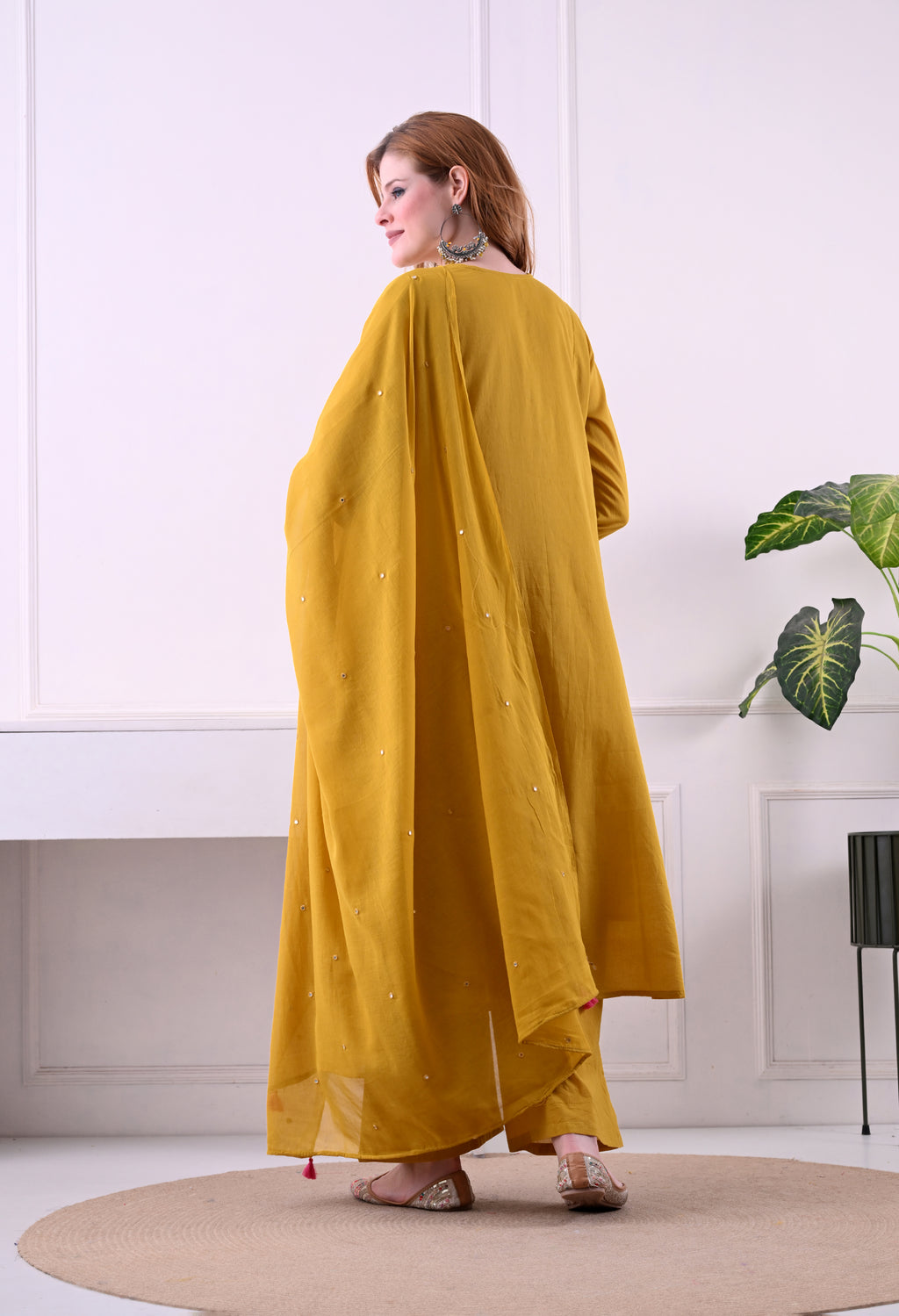Mustard Mal Cotton A-Line Suit Set with Embellished Dupatta