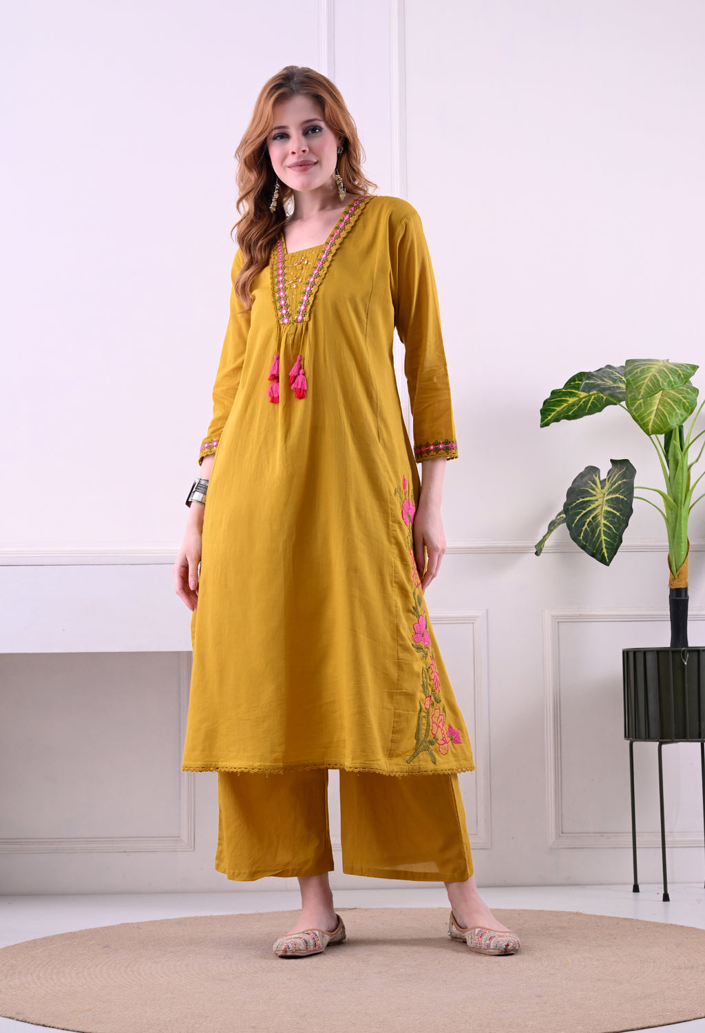 Mustard Mal Cotton A-Line Suit Set with Embellished Dupatta